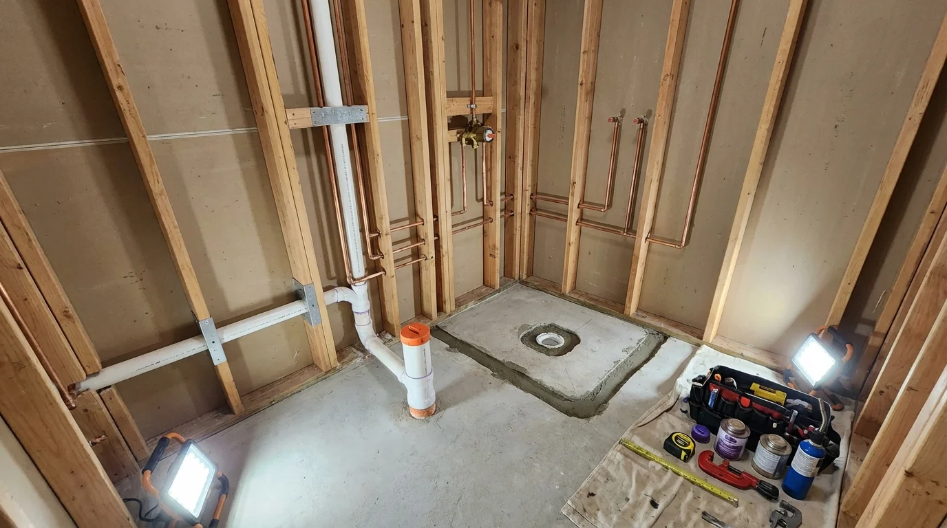 Bathroom rough-in plumbing during remodel by Johns Plumbing LLC in Crofton