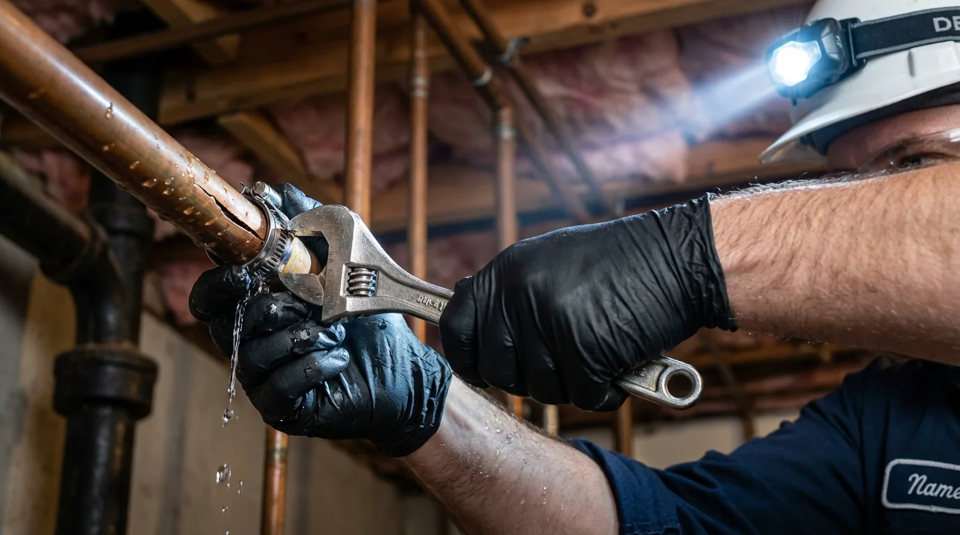 Emergency pipe clamp repair being performed by a Johns Plumbing LLC plumber in Crofton