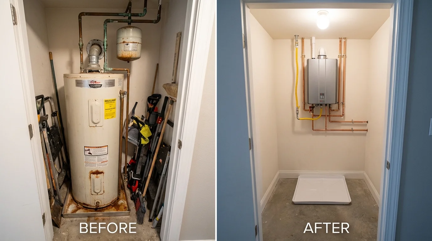 Tank water heater versus wall-mounted tankless unit comparison for Crofton, MD homeowners