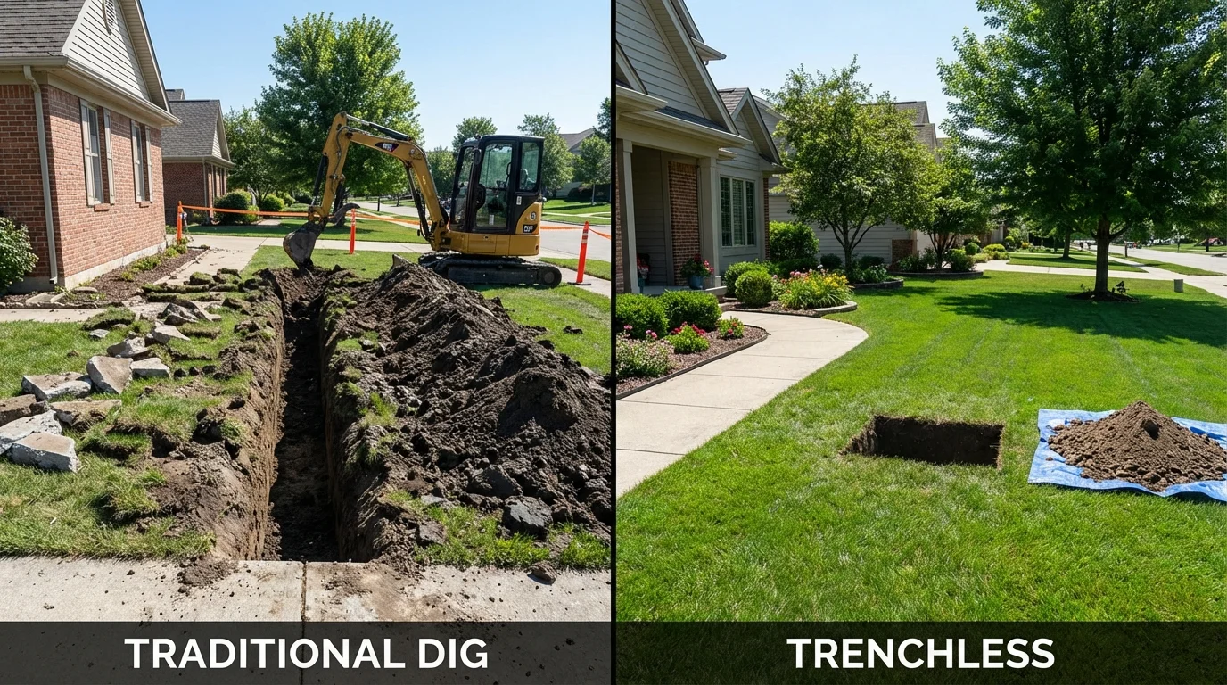 Trenchless sewer repair with minimal yard damage versus traditional excavation in Crofton, MD